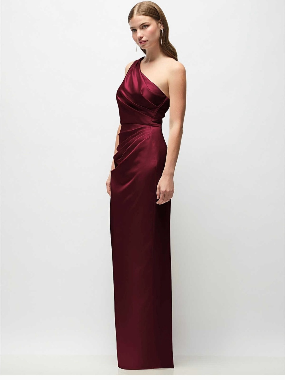 Dessy collection One-Shoulder Burgundy Satin Column Dress-NWT